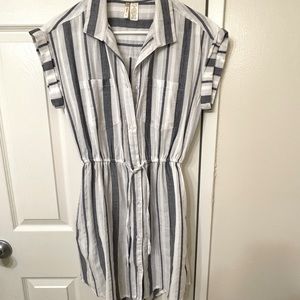 Blue & White stripe Shirt Dress, Small, Japna, Drawstring waist, short sleeve,